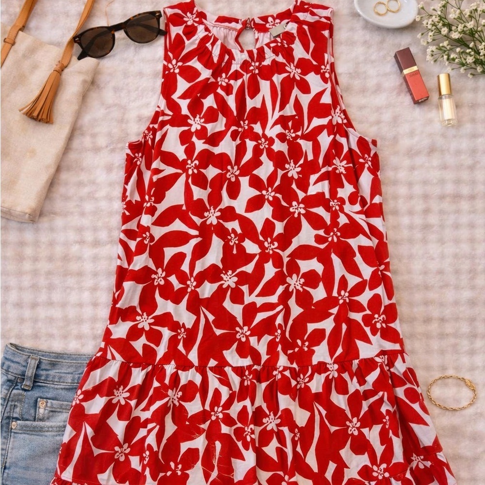 LOFT Red Floral Drop Waist Swing Dress Size Small